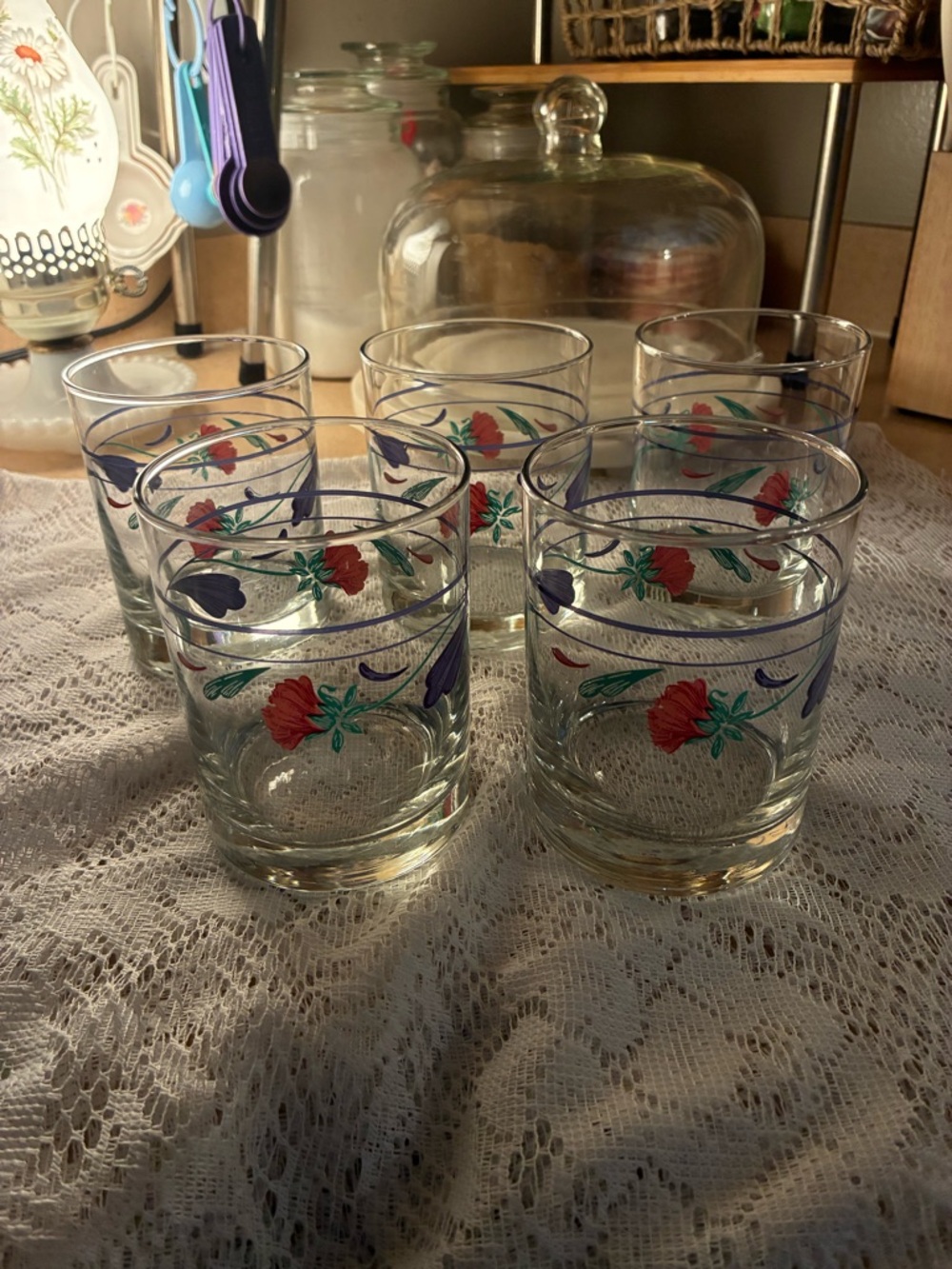 Set of 5 Vintage Lenox Poppies on Blue Double Old Fashioned Glass Tumbler - Picture 2 of 4